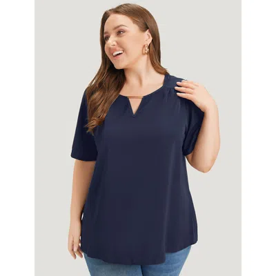 Bloomchic Women's Plus Size Anti-wrinkle Plain Metal Detail Keyhole Neck Blouse Indigo Office Short Sleeve 10/ In Purple