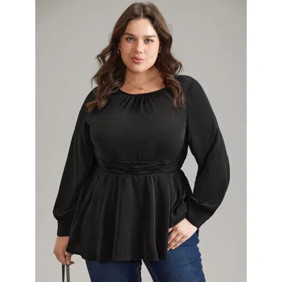 Bloomchic Women's Plus Size Anti-wrinkle Plain Ruched Elastic Waist Blouse Black Office Long Sleeve 30/6x