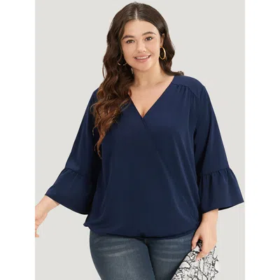 Bloomchic Women's Plus Size Anti-wrinkle Plain Surplice Neck Bell Sleeve Blouse Indigo Office 3/4 Sleeve 28/5x In Purple