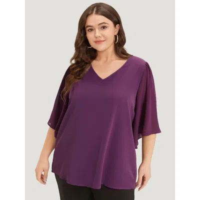 Bloomchic Women's Plus Size Anti-wrinkle Plain V Neck Mesh Patchwork Flutter Sleeve Blouse Purple Office Half 