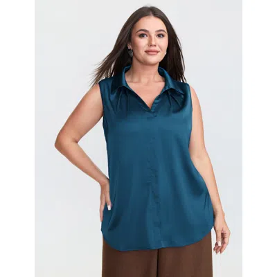 Bloomchic Women's Plus Size Anti-wrinkle Pleated Button-down Tank Top Mediumblue Office Straight Fit Collared 