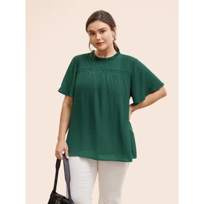 Bloomchic Women's Plus Size Anti-wrinkle Shirred Ruffle Sleeve Mesh Frill Trim Blouse Darkgreen Solid Office S In Green