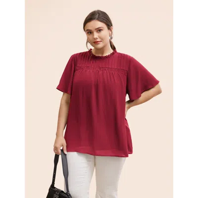 Bloomchic Women's Plus Size Anti-wrinkle Shirred Ruffle Sleeve Mesh Frill Trim Blouse Scarlet Solid Office Sho In Red