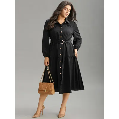 Bloomchic Women's Plus Size Anti-wrinkle Shirt Collar Belted Metal Detail Dress Black Office Plain 22-24/3x