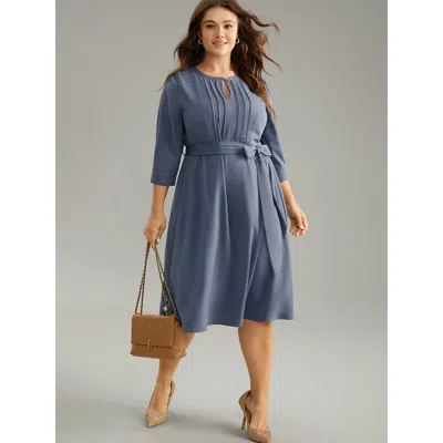 Bloomchic Women's Plus Size Anti-wrinkle Solid Belted Pleated Keyhole Dress Stone Office Plain 10/m In Gray