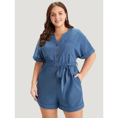 Bloomchic Women's Plus Size Anti-wrinkle Solid Patched Pocket Notched Button Up Belt Romper Stone Office 30/6x In Gray