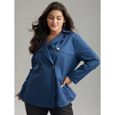 Bloomchic Women's Plus Size Anti-wrinkle Solid Pocket Button Up Trench Coat Women Blue Plain  12/l