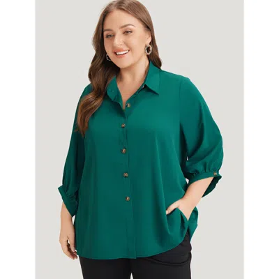 Bloomchic Women's Plus Size Anti-wrinkle Solid Shirt Collar Lantern Sleeve Button Up Blouse Cyan Office 3/4 Sl In Blue