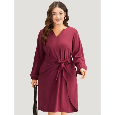 Bloomchic Women's Plus Size Anti-wrinkle Solid Ties Lantern Sleeve Dress Scarlet Office Elastic Cuffs 12/l In Red