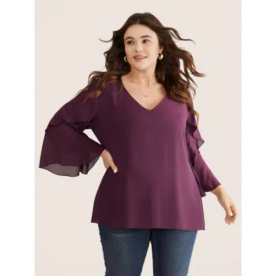 Bloomchic Women's Plus Size Anti-wrinkle Tiered Flounce Sleeve Chiffon Blouse Purple Everyday 3/4 Sleeve 10/m