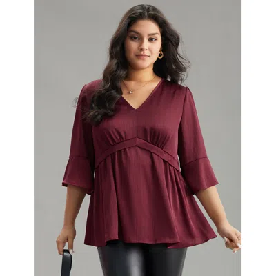 Bloomchic Women's Plus Size Anti-wrinkle V Neck Gathered Ruffle Sleeve Blouse Scarlet Office 3/4 Sleeve 26/4x In Red