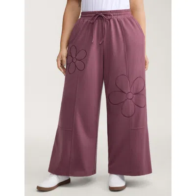 Bloomchic Women's Plus Size Applique Embroidery Drawstring Wide-leg Pants Deepred Floral Wide Leg Mid Rise Cas In Red