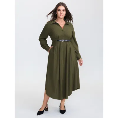 Bloomchic Women's Plus Size Arc Hem Cinched-waist Shirt Maxi Dress Sage Non Maxi Office 12/l In Green