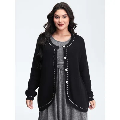 Bloomchic Women's Plus Size Arc Hem Textured Color Contrast Knit Cardigan Black Long Sleeve 10/m