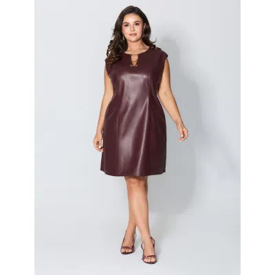 Bloomchic Women's Plus Size Artificial Leather Metal Detail Neckline Mini Dress Burgundy Non Short Party 28/5x
