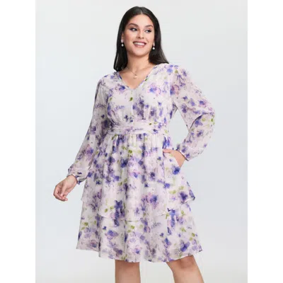 Bloomchic Women's Plus Size Artistic Floral Print Pleated Waist Mini Dress Lavender Floral Knee Elegant Gather In Purple
