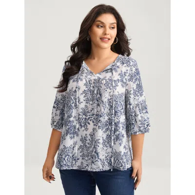 Bloomchic Women's Plus Size Artistic Print A-line Blouse Darkblue Floral Elegant 3/4 Sleeve V-neck 10/m In Blue