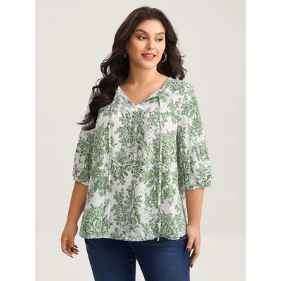 Bloomchic Women's Plus Size Artistic Print A-line Blouse Truegreen Floral Elegant 3/4 Sleeve V-neck 10/m