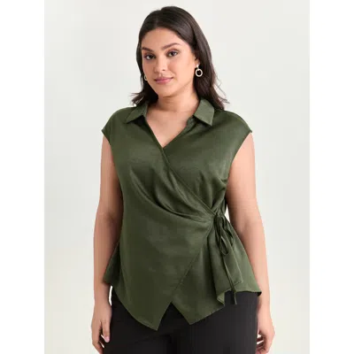 Bloomchic Women's Plus Size Asymmetric Hem Collared Wrap Blouse Denimarmygreen Solid Office Short Sleeve Colla