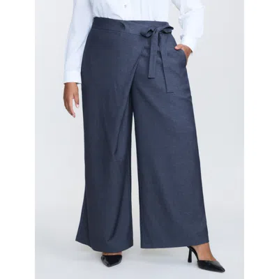 Bloomchic Women's Plus Size Asymmetrical Belted Denim-like Pants Midnight Solid Wide Leg Mid Rise Office 12/l In Blue