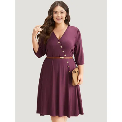 Bloomchic Women's Plus Size Asymmetrical Button Detail Ruffle Hem Dress Purple Office Plain 26/4x