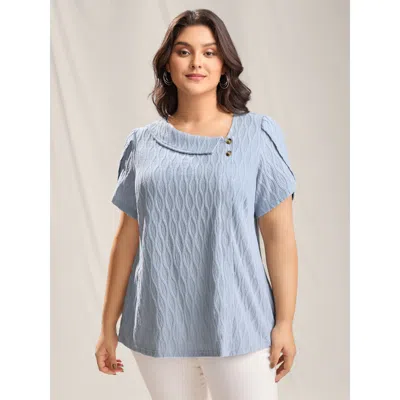Bloomchic Women's Plus Size Asymmetrical Collar Textured Plain Blouse Stone Solid Office Short Sleeve Asymmetr In Gray