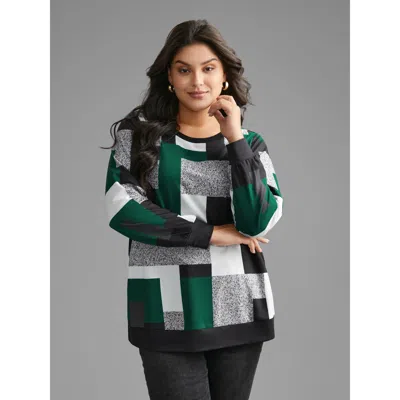Bloomchic Women's Plus Size Asymmetrical Colorblock Contrast Slit Hem Sweatshirt Darkgreen Everyday 10/m In Green
