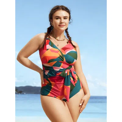 Bloomchic Women's Plus Size Asymmetrical Colorblock Contrast Ties One Piece Swimsuit Multicolor Geometric Tie 