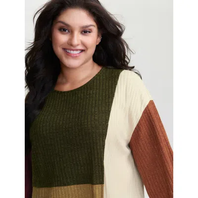 Bloomchic Women's Plus Size Asymmetrical Colorblock Textured T-shirt Multicolor Geometric Casual Extra Long Sl