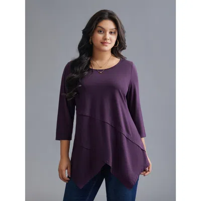 Bloomchic Women's Plus Size Asymmetrical Hem Overlap Long T-shirt Eggplant Solid Casual 3/4 Sleeve Round Neck  In Purple