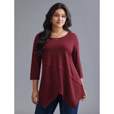 Bloomchic Women's Plus Size Asymmetrical Hem Overlap Long T-shirt Scarlet Solid Casual 3/4 Sleeve Round Neck 1 In Red