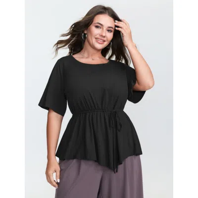 Bloomchic Women's Plus Size Asymmetrical Hem Waist-tie Knit Top Pureblack Half Sleeve Casual 22-24/3x