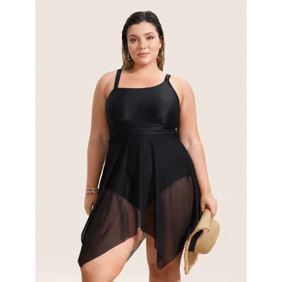 Bloomchic Women's Plus Size Asymmetrical Neck Mesh Patchwork Swim Dress Black Non Non Adaptive-fit 10/m