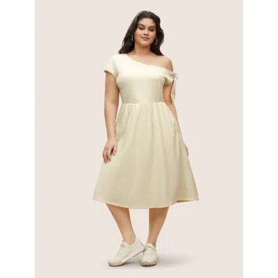 Bloomchic Women's Plus Size Asymmetrical Neck Waffle Knit Tie Knot Dress Ivory Non Midi Everyday Tie Knot 10/m In White