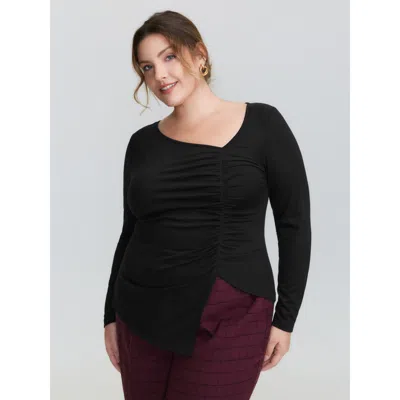 Bloomchic Women's Plus Size Asymmetrical Neckline Ruched Stretchy Knit Top Black Long Sleeve Elegant 10/m