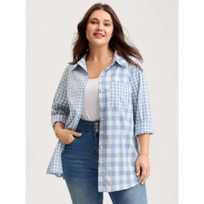 Bloomchic Women's Plus Size Asymmetrical Plaid Button-down Shirt Lightblue Casual Long Sleeve 12/l In Blue