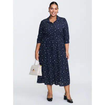 Bloomchic Women's Plus Size Asymmetrical Polka Dots Drawstring Midi Dress Indigo Polka Dots Midi Office Smocke In Purple