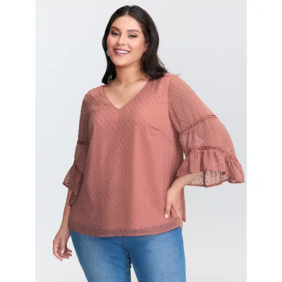 Bloomchic Women's Plus Size Asymmetrical Ruffled Sleeve Lace Blouse Dirtypink Synthetic Texture Elegant 3/4 Sl