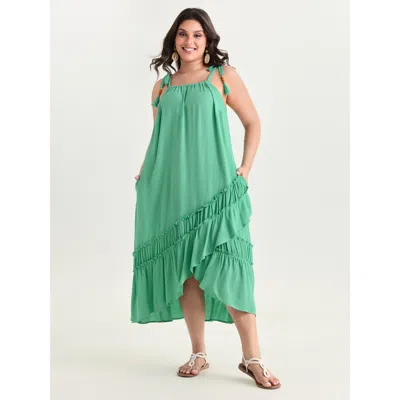 Bloomchic Women's Plus Size Asymmetrical Ruffled Wrap Hem Midi Dress Turquoise Solid Midi Vacation 18-20/2x In Blue