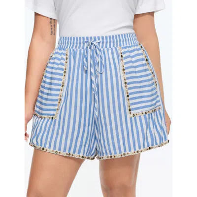 Bloomchic Women's Plus Size Asymmetrical Striped Print Shorts Lightblue Vacation Bermuda Lace-up Shorts 10/m In Blue