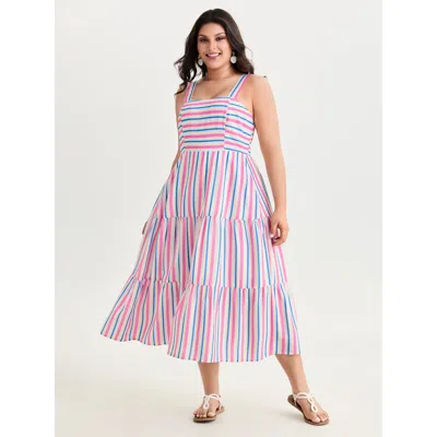 Bloomchic Women's Plus Size Asymmetrical Striped Shirred Back Maxi Dress Multicolor Stripes Longline Vacation 