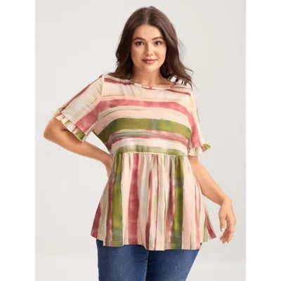 Bloomchic Women's Plus Size Asymmetrical Stripes Ruffled Knit Top Multicolor Short Sleeve Casual 12/l