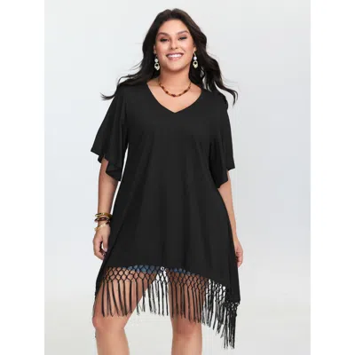 Bloomchic Women's Plus Size Asymmetrical Tassel Hem Plain Tunic Black Non Vacation Half Sleeve 10/m