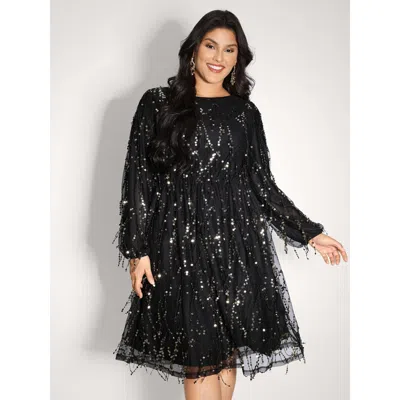 Bloomchic Women's Plus Size Back Bow Tie Fringe Sequin Mini Dress Black Party Midi Ruched Round Neck 10/m