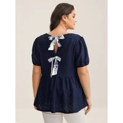 Bloomchic Women's Plus Size Back Bow Tie Textured Top Indigo Short Sleeve Elegant V-neck 12/l In Purple