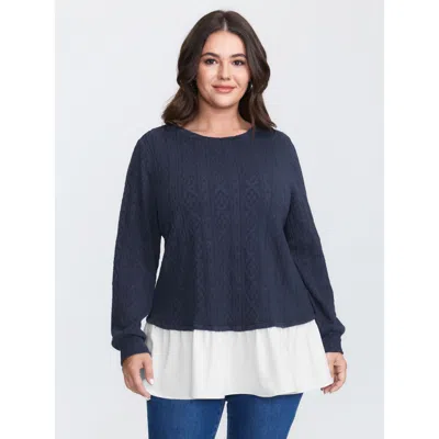 Bloomchic Women's Plus Size Back Bows Stretchy Layered Knit Top Indigo Long Sleeve Casual Round Neck 10/m In Purple