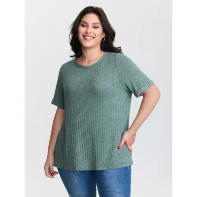 Bloomchic Women's Plus Size Back Button Detail Plain T-shirt Teal Solid Casual Short Sleeve Round Neck 10/m In Blue