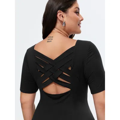 Bloomchic Women's Plus Size Back Cross-tie Ruched Front Knit Top Black Short Sleeve Elegant V-neck 18-20/2x