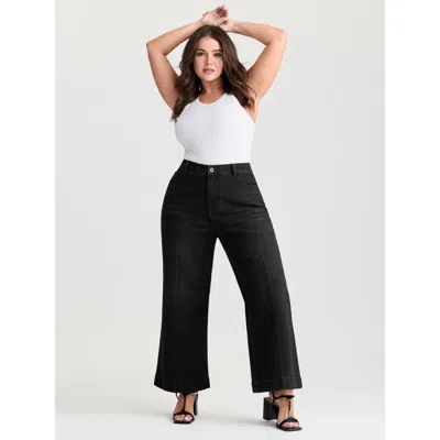 Bloomchic Women's Plus Size Back Elastic Waist High Rise Wide-leg Jeans Denimblack Not Graphics Non Wide Leg M In Black