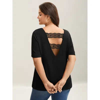 Bloomchic Women's Plus Size Back Lace Cut-out V-neck T-shirt Black Else Elegant Short Sleeve V-neck 22-24/3x